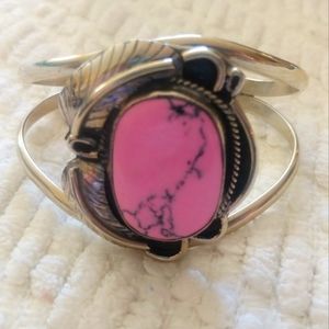 Vintage Mexican bangle bracelet with pink turquoise.
